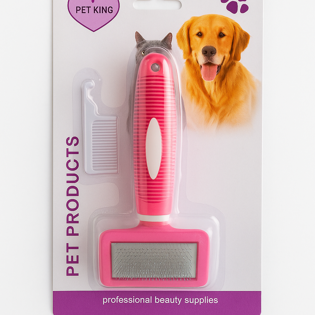 Pet Grooming Brush with Comb - Medium Slicker Brush for Cats & Small Dogs - Pink
