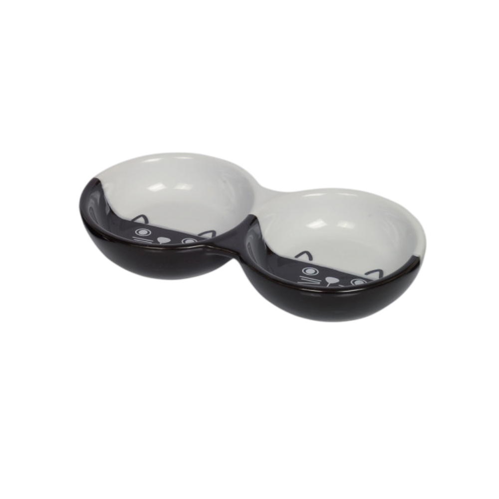 Nobby Cat Ceramic Double Bowl "Face" Black/White